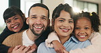 Love, face and hug children in family home for connection, bonding together and care with parents. Kids, mother and father with embrace at living room for relax, smile and portrait on weekend break