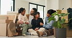 Smile, parents or children with hug in new home for moving, property ownership or support for bonding. Embrace, happy family and people with girls for relocation, residence investment and real estate
