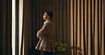 Hotel, window and businessman with arms crossed, think and plan for investment opportunity or ideas. Business travel, entrepreneur and person with ambition for financial growth, pride and reflection