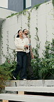 Tablet, man or realtor with backyard tour for exterior features, landscaping or assessment. Tech, real estate agent and client with private viewing for house evaluation, garden inspection or details