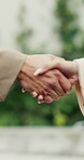 Business, handshake or people greeting with outdoor partnership, deal or agreement. Introduction, thank you and consultant or b2b client with shaking hands for collaboration, offer or opportunity