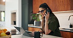Phone call, laptop and businesswoman in house with remote work for finance report with budget plan. Cellphone, freelancer and female financial manager on mobile discussion for investment negotiation.