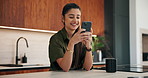 Phone, happy and woman in kitchen for texting, networking or contact on mobile app in morning. Technology, coffee and female person with cellphone for social media or connectivity on website in house