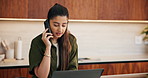 Phone call, computer and businesswoman in home with remote work for finance report with budget plan. Cellphone, freelancer and female financial manager on mobile discussion for investment negotiation