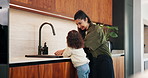 Washing, hands and mom with child for teaching hygiene, wellness and health in kitchen sink. Home, care and family, woman helping kid with cleaning, bacteria and germs by water tap for learning