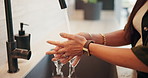 Health, hand washing and woman in home with water, bacteria prevention or sanitization in wellness habit. Clean, routine and person with faucet, germ protection or safe practice in hygiene process.