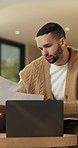 Paperwork, reading or man with remote work in home, planning economic return or check investment form. Review, financial records or advisor with report for projection research, freelancer or laptop
