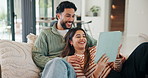 Happy couple, relax and sofa with tablet in home for online entertainment, social media or post. Man, woman or laughing with technology for funny joke, subscription or streaming app on couch in house