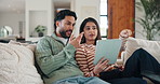 Talking, tablet and couple on sofa for interior design ideas, decoration and online shopping for furniture. Marriage, internet and man with woman on tech for planning, remodeling and home renovation