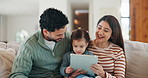 Happy family, tablet and sofa with toddler in home for early childhood development or interaction. Mom, dad and child with technology for elearning, bonding or online entertainment together in house