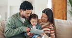 Happy family, tablet and sofa with child in home for early childhood development or interaction. Mom, dad and toddler with technology for elearning, bonding or online entertainment together in house