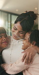Love, mom or children in home with hug, healthy relationship or bonding together in child growth. Flare, smile or family in house with embrace, childcare or parent connection in childhood development