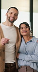 Home, keys and face with happy couple for property investment, ownership or fresh start together. Portrait, man and woman with smile or access to apartment building for real estate loan in house