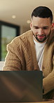 Man, research and remote work in home with laptop, review proposal and project for email marketing. Person, reading and check newsletter in house with computer, website and freelance advertising job.
