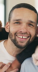 Hug, smile and face of family in home for bonding, support and connection together. Happiness, weekend break and love with parents and children in living room of apartment for embrace and commitment