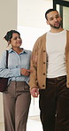 Couple, discussion and house hunting with smile, real estate and view property with partner or walk. Home, tour and planning for purchase, conversation and happy people with investment opportunity