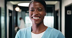 Portrait, nurse and laugh with woman in hospital for learning, internship and medical trainee. Smile, female person and confident for residency, nursing program and healthcare practice for wellness