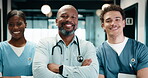 Group, face and doctors with arms crossed in hospital, healthcare and confident with medical career. Team, laugh and happy people with pride for health services, wellness and colleagues in clinic