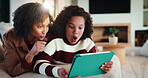 Mother, daughter and tablet with shock in home, watching cartoon movies or gaming with reaction. Relax, tech and woman with girl kid on streaming app, family and wow expression for video or games