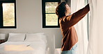 Thinking, smile and curtain with woman in bedroom in home for reflection, morning and calm. Inspiration, happiness and window with mature person in apartment for perspective, mindset and relax