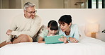 Bedroom, relax and family with kid on tablet for teaching, learning and educational app. Father, mother and child with support, help and love for online reading, ebook and connection in home