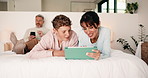 Mother, child and happy with tablet on bed for virtual board game, bonding activity or development. Family, mom and kid with tech in home for playing online puzzle, problem solving and weekend break