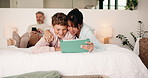Mother, child and tablet with hug on bed for quiz answer, bonding game or interactive support. Embrace, happy mom and kid with tech in home for digital puzzle, problem solving pride and family gaming
