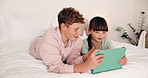Happy, siblings and children with tablet in bedroom, entertainment and watching film together on bed. Chilling, home and kids with tech on weekend, love and streaming with app subscription for series