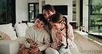 Smile, hug and face of mother with children on sofa in home for bonding, connection or family. Happy, relax and portrait of mom embracing kids on couch in living room at apartment for weekend.