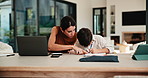 Mom, remote work and child with homework in home, multitasking or accountant with laptop for project. Bookkeeper, talk and mature person with tech for assignment, woman and helping boy with math