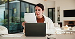 Woman, documents and finance with laptop in home for budget planning or checking expenses. Female person, computer and financial assessment with paperwork for investment, invoices or bills in house