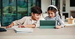 Homework, siblings and children on tablet in home for online learning, education and bonding. Family, happy and boy with girl with tech, headphones and notebook for assignment, study and development