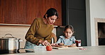 Help, sandwich and mom with child in kitchen for meal prep for lunch, snack and ingredients. Family, home and mother with girl with jam, speak and bread for hunger, nutrition and wellness together