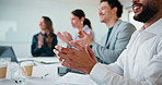 Happy, applause and meeting with business people for success, presentation or thank you together. Group, employees or colleagues clapping with smile for performance, speech or conference in workplace