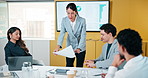 Screen, presentation and people in office with document, discussion and plan for marketing analytics. Team, manager talk and monitor in business with paperwork, graphs or stats for advertising trends