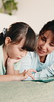 Tablet, mom and kid in bedroom for bonding, educational game or storytelling with parent in morning. Tech, mother and happy girl in bed at home to scroll app, talk or reading ebook for learning