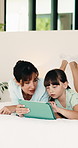Tablet, mother and kid in bedroom for learning, relax together or storytelling with parent in morning. Tech, mom or girl in bed at home to scroll app, talk or browsing website for educational game