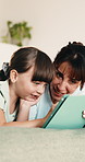 Tablet, mom and child in bedroom for bonding, educational game or storytelling with parent in morning. Tech, mother and happy girl in bed at home to scroll app, talk or reading ebook for learning