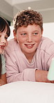 Smile, children and relax with selfie in bedroom for photography, social media post and vlogging. Happy, kids and siblings with funny expression, profile picture update and family memory at house