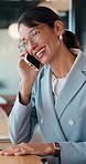 Businesswoman, talk and remote work in cafe with phone call, plan and advice for financial management. Happy, mature person and discussion in restaurant with tech, contact and finance administration.