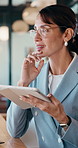 Businesswoman, thinking and remote work in cafe with tablet, glasses and idea for insurance agency. Happy, mature person and freelancer in restaurant with tech, reflection or vision for policy cover.