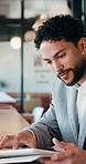 Business, man and remote work with tablet at cafe for research, court case and online evidence. Smile, lawyer and digital for witness testimony, review lawsuit and confidential information at store