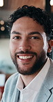 Face, businessman and smile in cafe with remote work, thinking and pride for marketing career growth. Happy, person and worker in restaurant with advertising job, vision or confidence for employment.