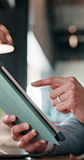 Hands, business and person with tablet at cafe for research, court case and online evidence. Lawyer, remote work and laptop for witness testimony, review lawsuit and confidential information at store