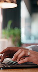 Hands, person and typing with laptop in office for research, court case and online evidence. Finished, lawyer or done with technology for witness testimony, investigation and confidential information