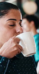 Thinking, coffee shop and business woman with drink for inspiration, break and reflection. Restaurant, happy and person with beverage for calm, relax and peace for ideas, perspective and insight