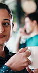 Happy, coffee and woman in cafe for thinking, reflection and insight for business opportunity. Restaurant, break and person with drink for inspiration, problem solving and decision for career growth