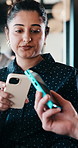NFC, payment and phone with customer woman in coffee shop for hospitality or service. Contactless, digital and tap with person paying waiter in cafe or restaurant for bill, invoice or transaction