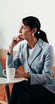Laptop, remote work and thinking with woman in coffee shop for planning or research. Computer, idea and typing with mature person In cafe or restaurant for freelance employment or development