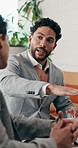 Team, business meeting and man with ideas for project, investment banking or brainstorming in office. Corporate, people and collaboration with colleagues for financial growth, plan and discussion